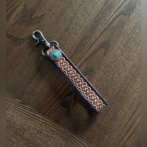 Braided Leather Keychain with Turquoise Accent